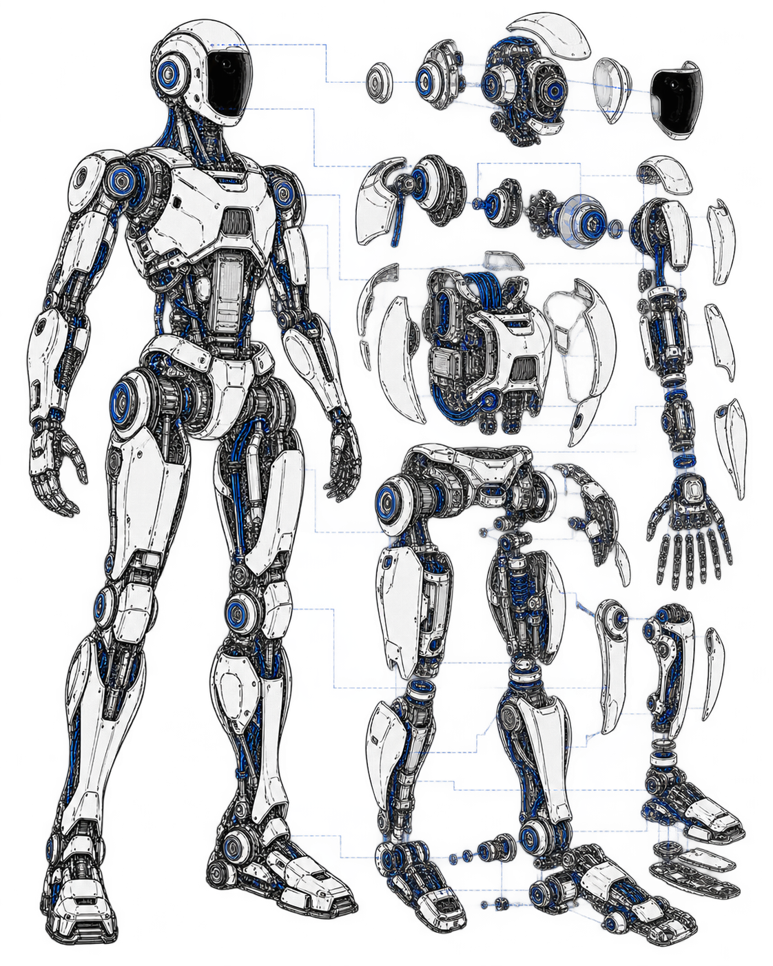 Exploded engineering schematic showing a complete humanoid and its mechanical assemblies